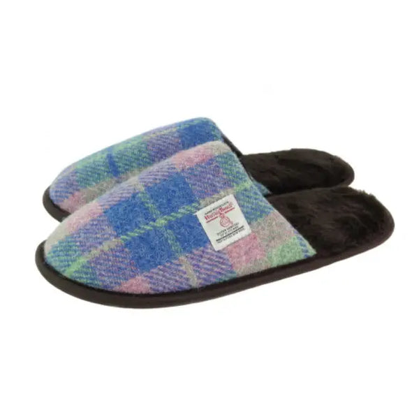 Harris Tweed Ladies Slipper - Faded Pink & Blue Tartan